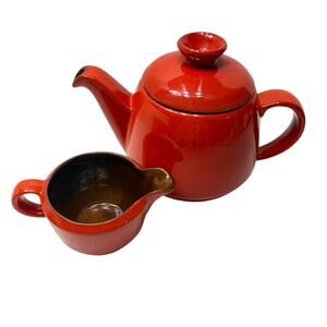 Vintage 1970s Frankoma Pottery Teapot & Creamer Set Red Glazed Artist Marked USA